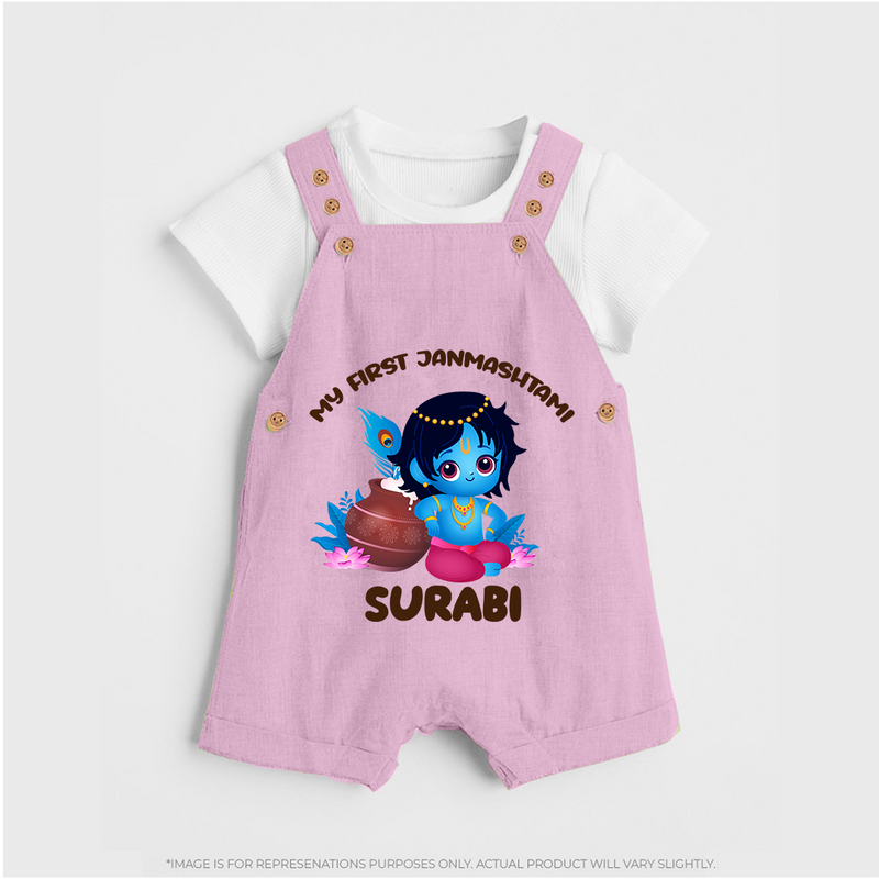 My First Janmashtami Special Dungaree Set | Custom Personalized Baby Outfit - BABY PINK - 0 - 5 Months Old (Chest 18")