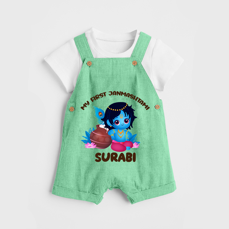My First Janmashtami Special Dungaree Set | Custom Personalized Baby Outfit - GREEN - 0 - 5 Months Old (Chest 18")
