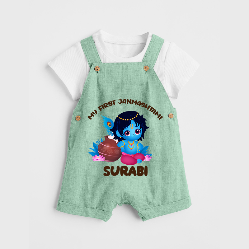 My First Janmashtami Special Dungaree Set | Custom Personalized Baby Outfit - MINT GREEN - 0 - 5 Months Old (Chest 18")