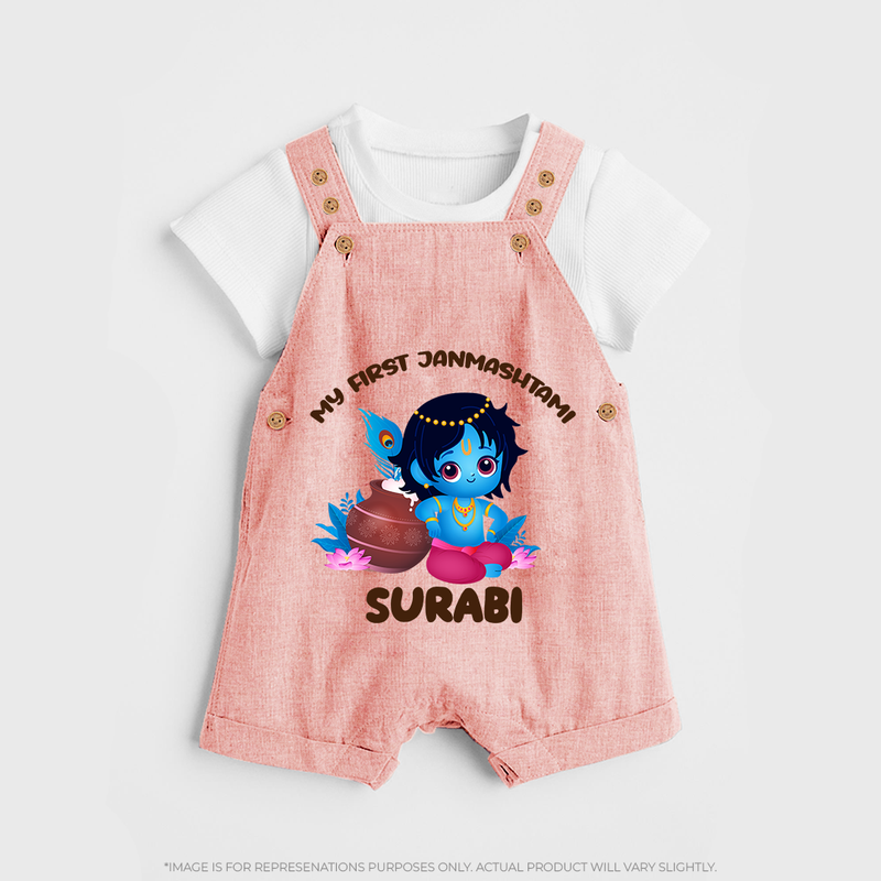 My First Janmashtami Special Dungaree Set | Custom Personalized Baby Outfit - PEACH - 0 - 5 Months Old (Chest 18")