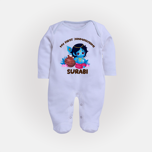 My First Janmashtami Special Sleep Suit/Full Sleeve Body Suit | Custom Personalized Baby Outfit - BABY BLUE - New Born (Chest 7.5")