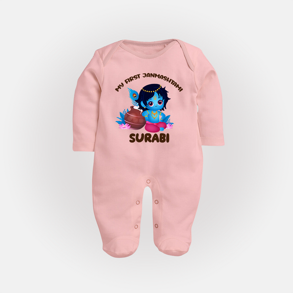 My First Janmashtami Special Sleep Suit/Full Sleeve Body Suit | Custom Personalized Baby Outfit - BABY PINK - New Born (Chest 7.5")