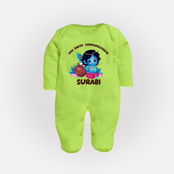 My First Janmashtami Special Sleep Suit/Full Sleeve Body Suit | Custom Personalized Baby Outfit - LIME GREEN - New Born (Chest 7.5")