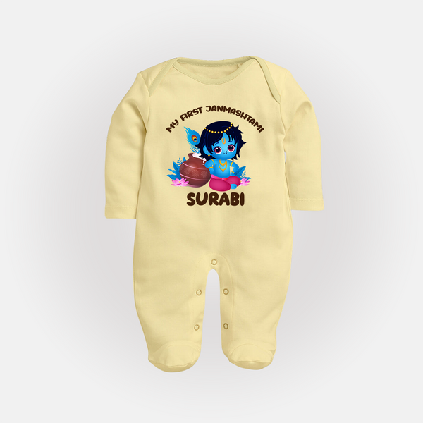My First Janmashtami Special Sleep Suit/Full Sleeve Body Suit | Custom Personalized Baby Outfit - PASTEL YELLOW - New Born (Chest 7.5")
