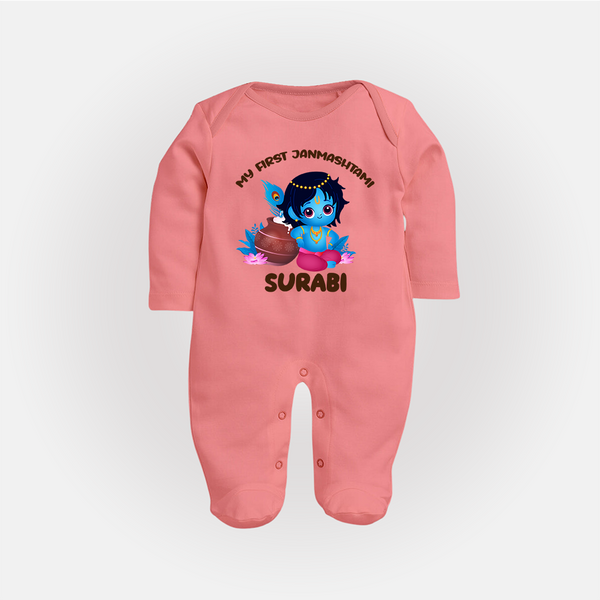 My First Janmashtami Special Sleep Suit/Full Sleeve Body Suit | Custom Personalized Baby Outfit - PEACH - New Born (Chest 7.5")