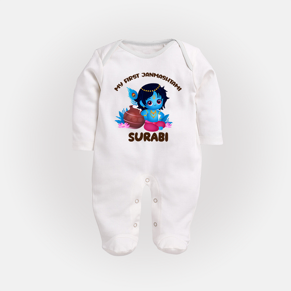 My First Janmashtami Special Sleep Suit/Full Sleeve Body Suit | Custom Personalized Baby Outfit - WHITE - New Born (Chest 7.5")