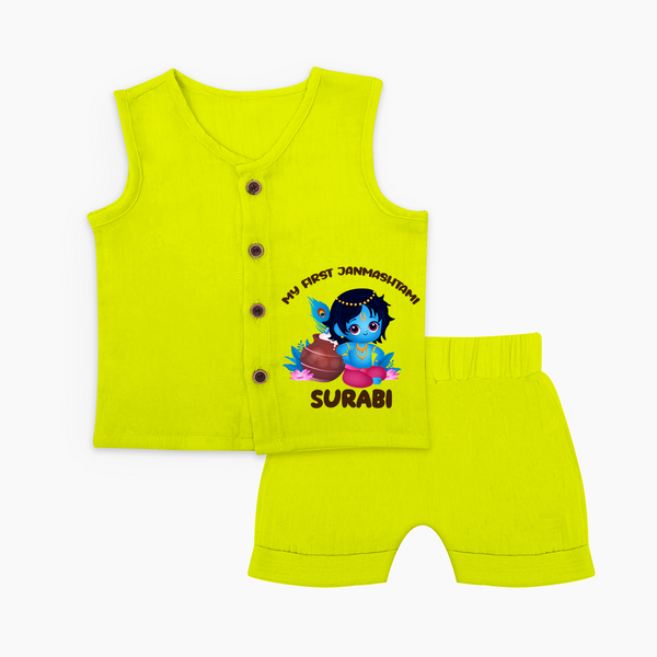 My First Janmashtami Special Jabla Set | Custom Personalized Baby Outfit - LIME GREEN - 0 - 3 Months Old (Chest 9.8")