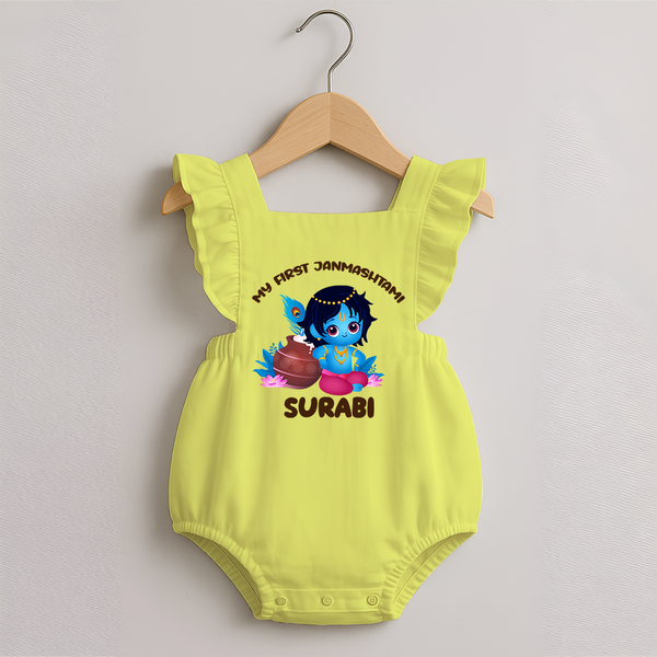 My First Janmashtami Special Romper Frock | Custom Personalized Baby Outfit - PASTEL YELLOW - 0 - 3 Months Old (Chest 19")
