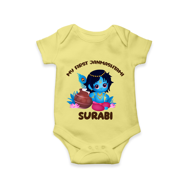 My First Janmashtami Special Romper/Onesie | Custom Personalized Baby Outfit - PASTEL YELLOW - New Born (Chest 14")