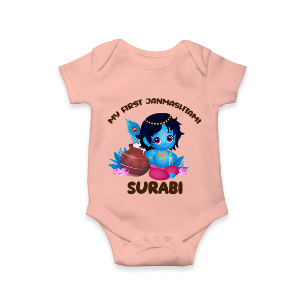 My First Janmashtami Special Romper/Onesie | Custom Personalized Baby Outfit - PEACH - New Born (Chest 14")