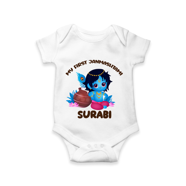 My First Janmashtami Special Romper/Onesie | Custom Personalized Baby Outfit - WHITE - New Born (Chest 14")