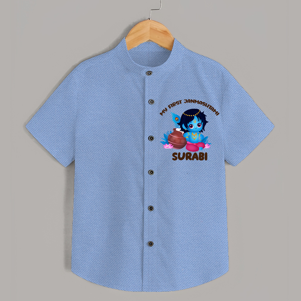 My First Janmashtami Special Shirt | Custom Personalized Baby Outfit - SKY BLUE - 0 - 6 Months Old (Chest 23")