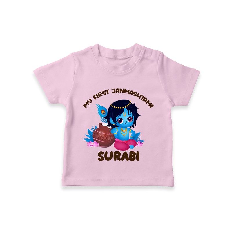 My First Janmashtami Special T-shirt | Custom Personalized Baby Outfit - BABY PINK - 0-5 Months Old (Chest 17")
