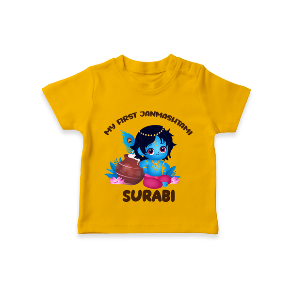 My First Janmashtami Special T-shirt | Custom Personalized Baby Outfit - CHROME YELLOW - 0-5 Months Old (Chest 17")