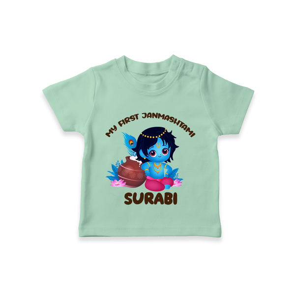 My First Janmashtami Special T-shirt | Custom Personalized Baby Outfit - MINT GREEN - 0-5 Months Old (Chest 17")