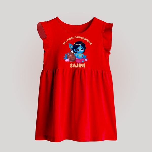 My First Janmashtami Special Baby Frock | Custom Personalized Baby Outfit - RED - 0 - 3 Months Old (Chest 17")