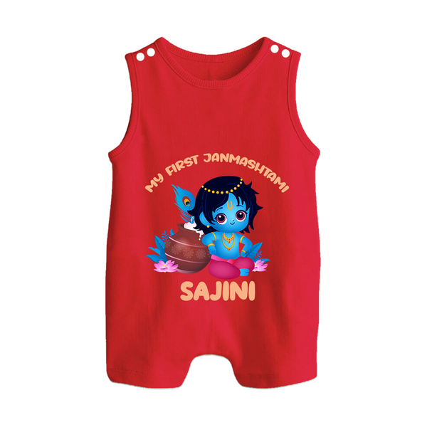 My First Janmashtami Special Romper Suit/Sleeveless Romper | Custom Personalized Baby Outfit - RED - 0 - 5 Months Old (Chest 18")