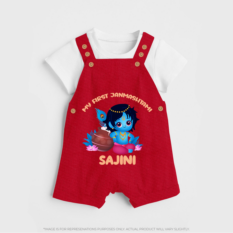 My First Janmashtami Special Dungaree Set | Custom Personalized Baby Outfit - RED - 0 - 5 Months Old (Chest 18")