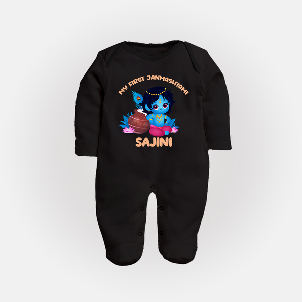 My First Janmashtami Special Sleep Suit/Full Sleeve Body Suit | Custom Personalized Baby Outfit - BLACK - New Born (Chest 7.5")