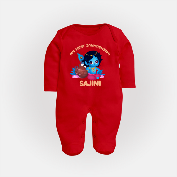 My First Janmashtami Special Sleep Suit/Full Sleeve Body Suit | Custom Personalized Baby Outfit - RED - New Born (Chest 7.5")