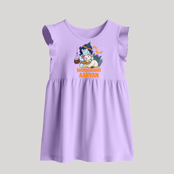 My First Janmashtami Baby Frock | Personalized Baby Frock for Janmashtami - LILAC - 0 - 3 Months Old (Chest 17")