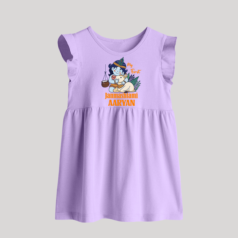My First Janmashtami Baby Frock | Personalized Baby Frock for Janmashtami - LILAC - 0 - 3 Months Old (Chest 17")