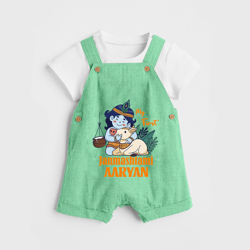 My First Janmashtami Dungaree Set | Personalized Baby Dungaree Set for Janmashtami - GREEN - 0 - 5 Months Old (Chest 18")