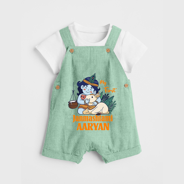 My First Janmashtami Dungaree Set | Personalized Baby Dungaree Set for Janmashtami - MINT GREEN - 0 - 5 Months Old (Chest 18")