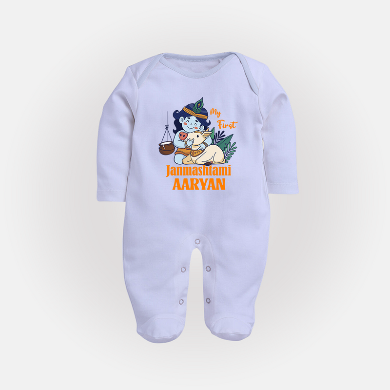 My First Janmashtami Sleep Suit/Full Sleeve Body Suit | Personalized Baby Sleep Suit/Full Sleeve Body Suit for Janmashtami - BABY BLUE - New Born (Chest 7.5")