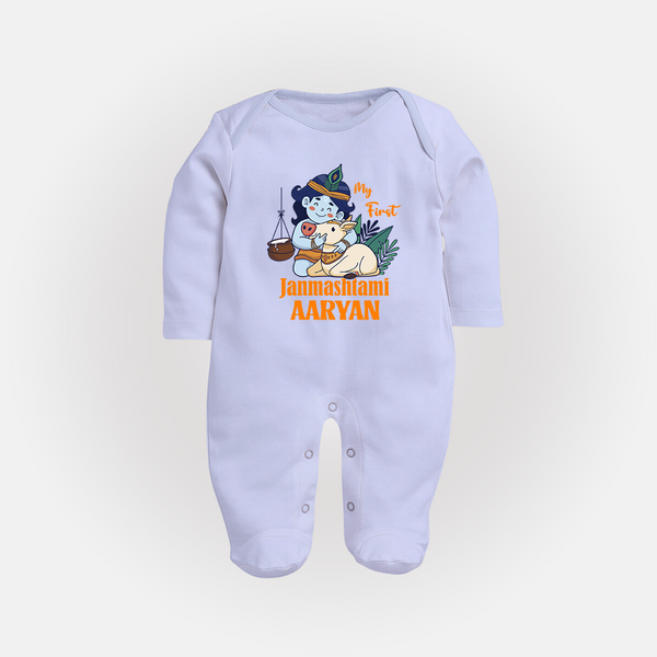 My First Janmashtami Sleep Suit/Full Sleeve Body Suit | Personalized Baby Sleep Suit/Full Sleeve Body Suit for Janmashtami - BABY BLUE - New Born (Chest 7.5")