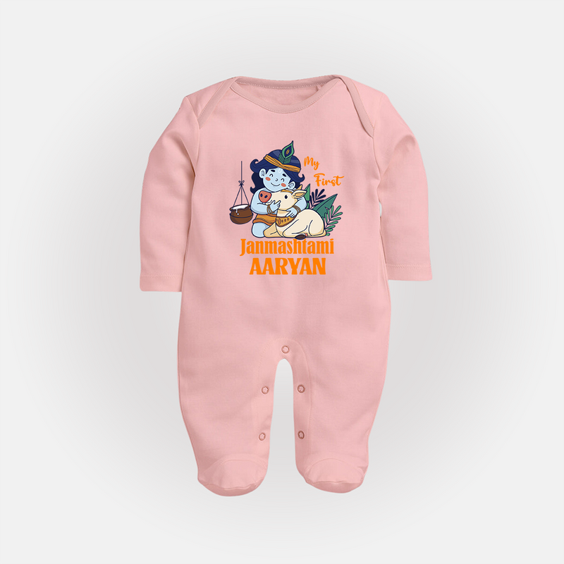 My First Janmashtami Sleep Suit/Full Sleeve Body Suit | Personalized Baby Sleep Suit/Full Sleeve Body Suit for Janmashtami - BABY PINK - New Born (Chest 7.5")