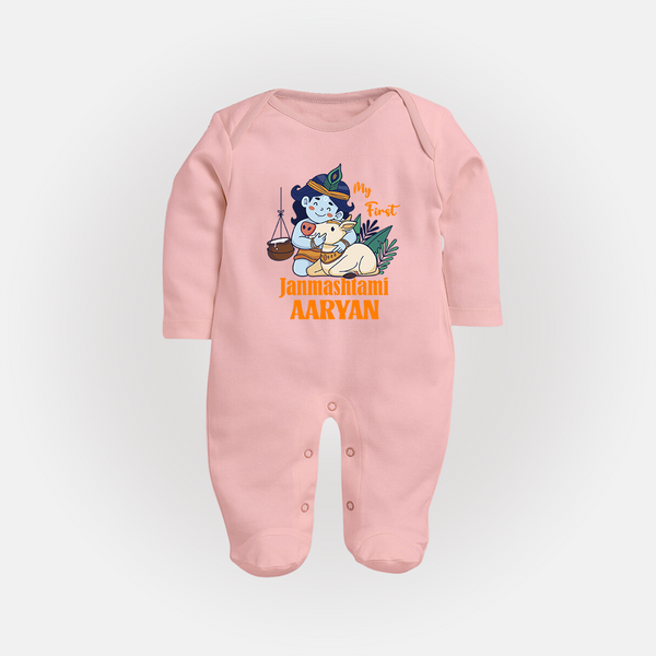My First Janmashtami Sleep Suit/Full Sleeve Body Suit | Personalized Baby Sleep Suit/Full Sleeve Body Suit for Janmashtami - BABY PINK - New Born (Chest 7.5")