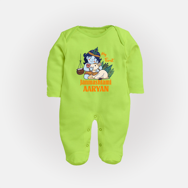 My First Janmashtami Sleep Suit/Full Sleeve Body Suit | Personalized Baby Sleep Suit/Full Sleeve Body Suit for Janmashtami - LIME GREEN - New Born (Chest 7.5")