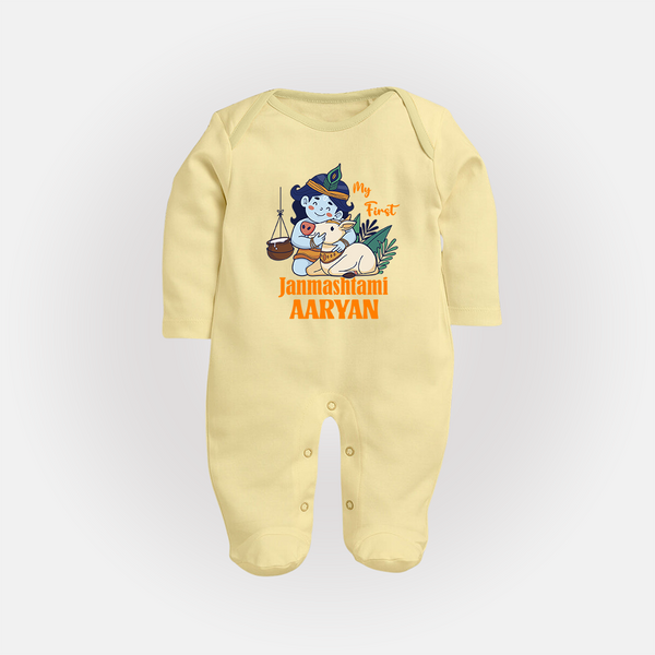 My First Janmashtami Sleep Suit/Full Sleeve Body Suit | Personalized Baby Sleep Suit/Full Sleeve Body Suit for Janmashtami - PASTEL YELLOW - New Born (Chest 7.5")