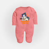 My First Janmashtami Sleep Suit/Full Sleeve Body Suit | Personalized Baby Sleep Suit/Full Sleeve Body Suit for Janmashtami - PEACH - New Born (Chest 7.5")