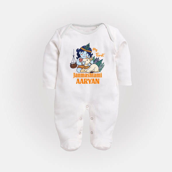 My First Janmashtami Sleep Suit/Full Sleeve Body Suit | Personalized Baby Sleep Suit/Full Sleeve Body Suit for Janmashtami - WHITE - New Born (Chest 7.5")