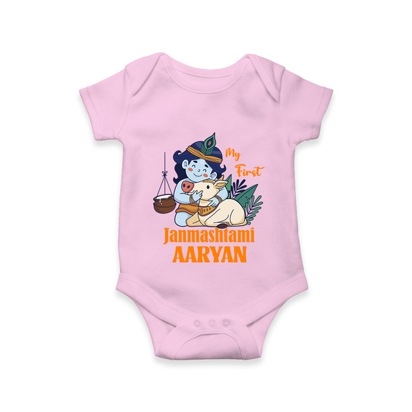 My First Janmashtami Romper/Onesie | Personalized Baby Romper/Onesie for Janmashtami - BABY PINK - New Born (Chest 14")