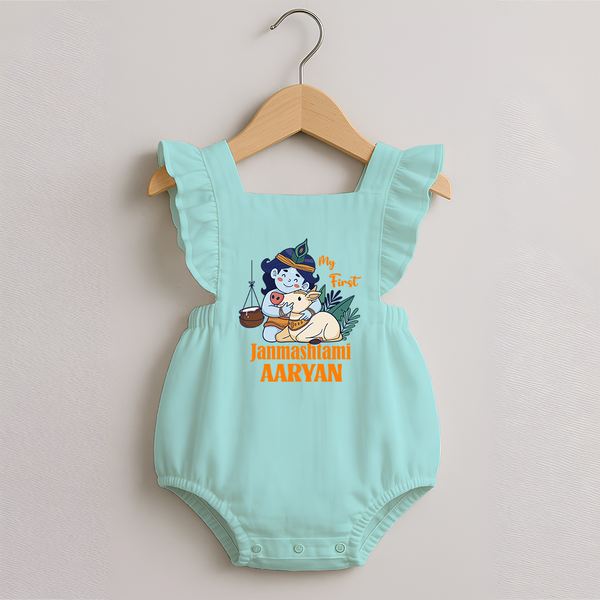 My First Janmashtami Romper Frock | Personalized Baby Romper Frock for Janmashtami - MINT GREEN - 0 - 3 Months Old (Chest 19")