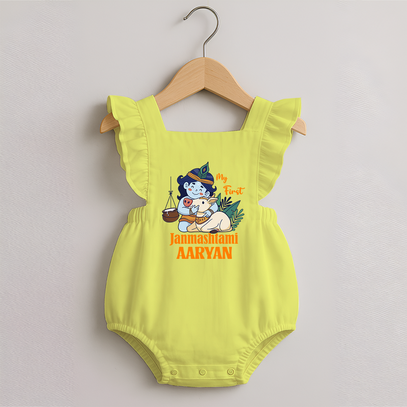 My First Janmashtami Romper Frock | Personalized Baby Romper Frock for Janmashtami - PASTEL YELLOW - 0 - 3 Months Old (Chest 19")