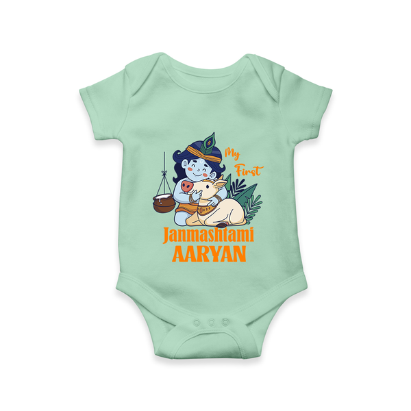 My First Janmashtami Romper/Onesie | Personalized Baby Romper/Onesie for Janmashtami - MINT GREEN - New Born (Chest 14")
