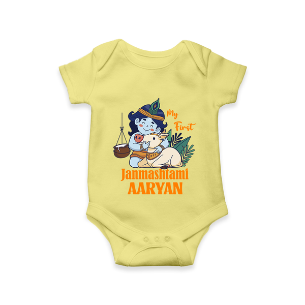 My First Janmashtami Romper/Onesie | Personalized Baby Romper/Onesie for Janmashtami - PASTEL YELLOW - New Born (Chest 14")
