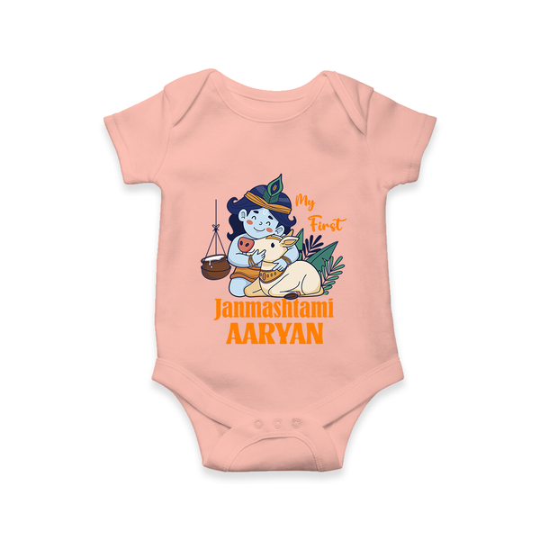 My First Janmashtami Romper/Onesie | Personalized Baby Romper/Onesie for Janmashtami - PEACH - New Born (Chest 14")
