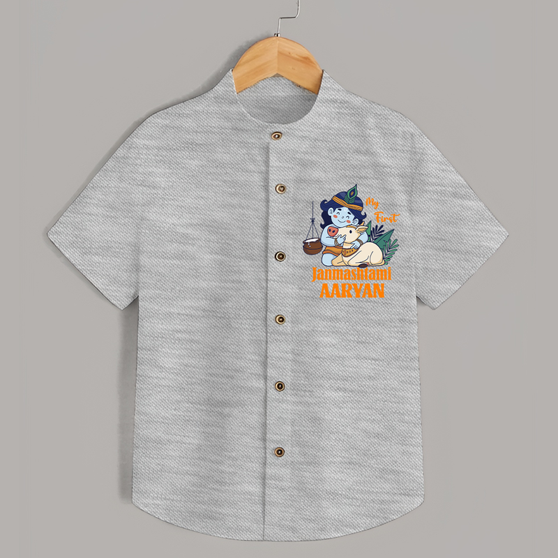 My First Janmashtami Shirt | Personalized Baby Shirt for Janmashtami - GREY - 0 - 6 Months Old (Chest 23")