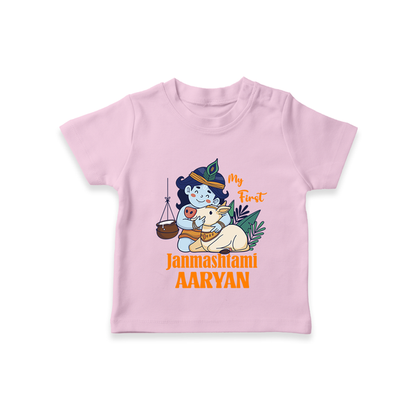 My First Janmashtami T-shirt | Personalized Baby T-shirt for Janmashtami - BABY PINK - 0-5 Months Old (Chest 17")