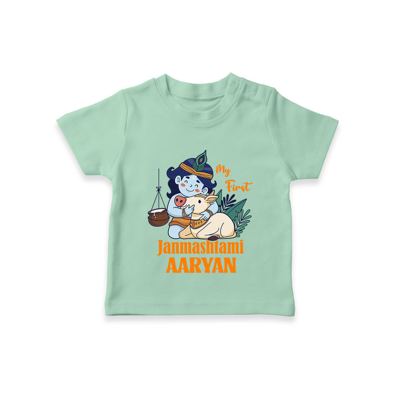My First Janmashtami T-shirt | Personalized Baby T-shirt for Janmashtami - MINT GREEN - 0-5 Months Old (Chest 17")