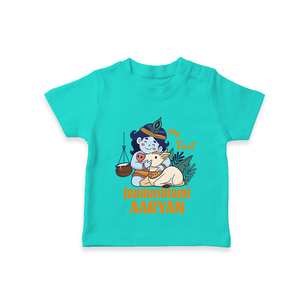 My First Janmashtami T-shirt | Personalized Baby T-shirt for Janmashtami - TEAL - 0-5 Months Old (Chest 17")