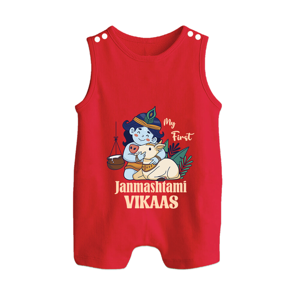 My First Janmashtami Romper Suit/Sleeveless Romper | Personalized Baby Romper Suit/Sleeveless Romper for Janmashtami - RED - 0 - 5 Months Old (Chest 18")