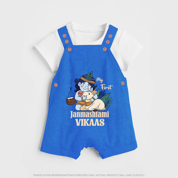 My First Janmashtami Dungaree Set | Personalized Baby Dungaree Set for Janmashtami - COBALT BLUE - 0 - 5 Months Old (Chest 18")