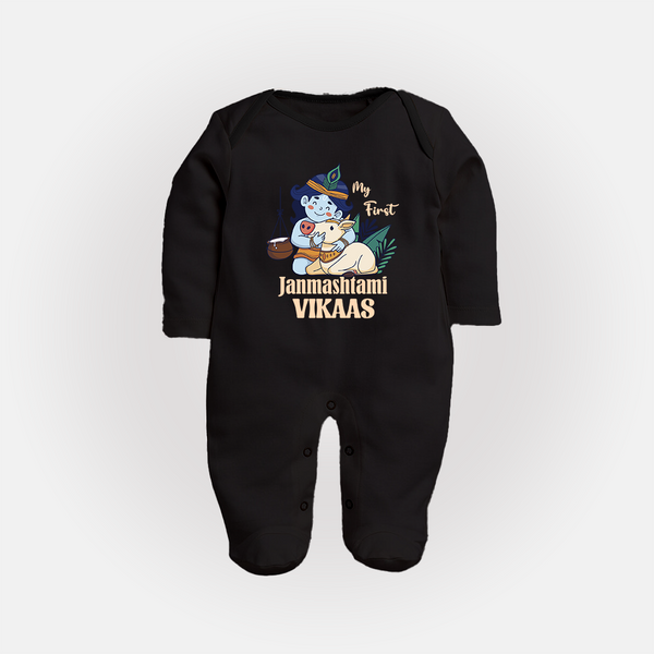 My First Janmashtami Sleep Suit/Full Sleeve Body Suit | Personalized Baby Sleep Suit/Full Sleeve Body Suit for Janmashtami - BLACK - New Born (Chest 7.5")