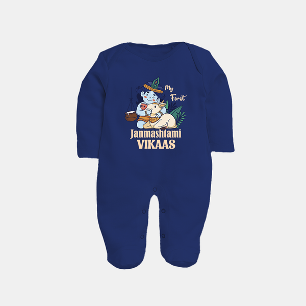 My First Janmashtami Sleep Suit/Full Sleeve Body Suit | Personalized Baby Sleep Suit/Full Sleeve Body Suit for Janmashtami - NAVY BLUE - New Born (Chest 7.5")